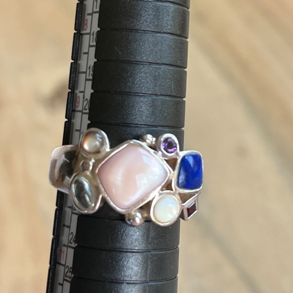 Vintage Ring signed 925 LT lapis, pearl, amethyst garnet aquamarine sz 9. - Picture 6 of 11